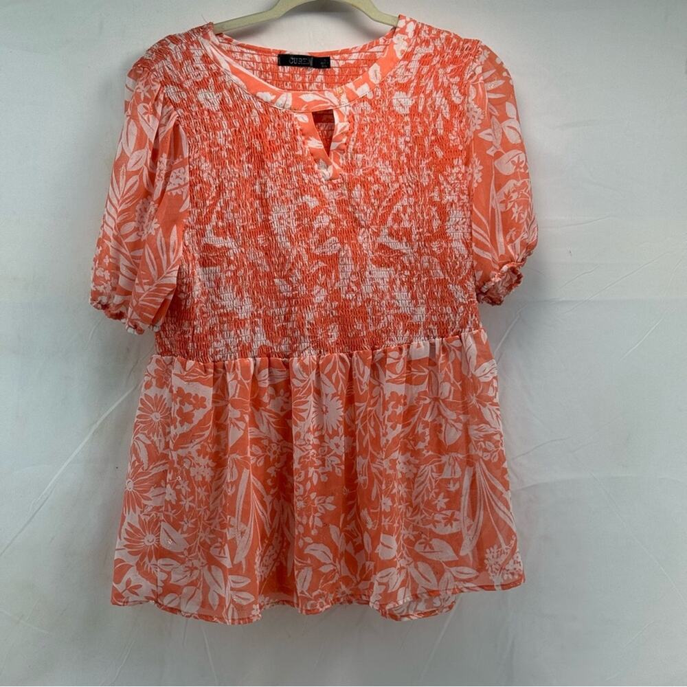 Floral Orange with Gold XL CURE Women's sheer babydoll blouse
